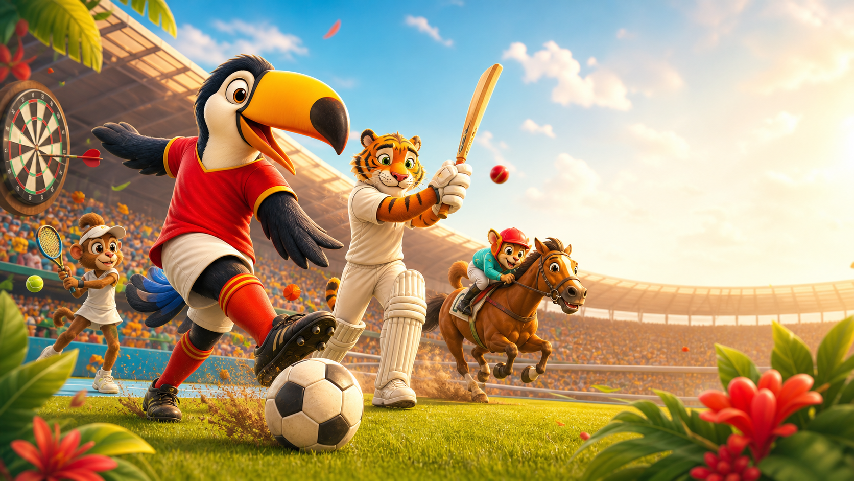 Football, cricket, horse racing, tennis and darts in a bright stadium
